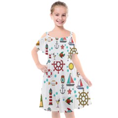 Marine Nautical Seamless Pattern Art Kids  Cut Out Shoulders Chiffon Dress by Jancukart