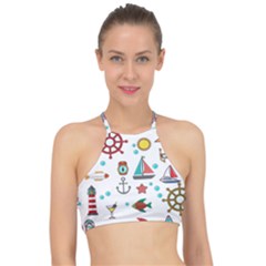 Marine Nautical Seamless Pattern Art Racer Front Bikini Top