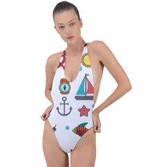 Marine Nautical Seamless Pattern Art Backless Halter One Piece Swimsuit