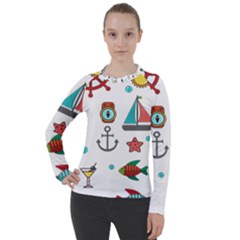 Marine Nautical Seamless Pattern Art Women s Pique Long Sleeve Tee