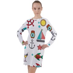 Marine Nautical Seamless Pattern Art Long Sleeve Hoodie Dress