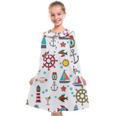 Marine Nautical Seamless Pattern Art Kids  Midi Sailor Dress by Jancukart