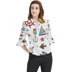 Marine Nautical Seamless Pattern Art Loose Horn Sleeve Chiffon Blouse