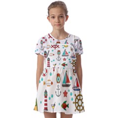 Marine Nautical Seamless Pattern Art Kids  Short Sleeve Pinafore Style Dress by Jancukart