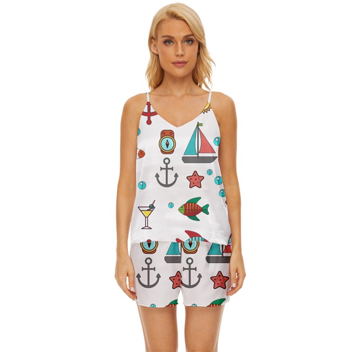 Marine Nautical Seamless Pattern Art V-Neck Satin Pajamas Set