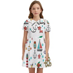 Marine Nautical Seamless Pattern Art Kids  Bow Tie Puff Sleeve Dress by Jancukart