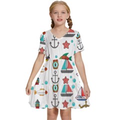 Marine Nautical Seamless Pattern Art Kids  Short Sleeve Tiered Mini Dress by Jancukart