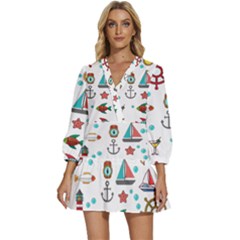 Marine Nautical Seamless Pattern Art V-neck Placket Mini Dress