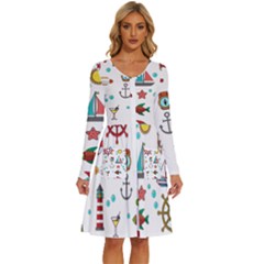 Marine Nautical Seamless Pattern Art Long Sleeve Dress With Pocket