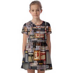 Vinyl Music Retro Studio Room Kids  Short Sleeve Pinafore Style Dress