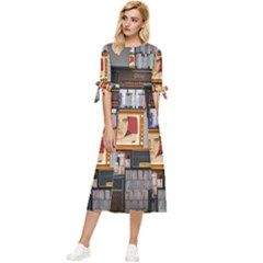 Vinyl Music Retro Studio Room Bow Sleeve Chiffon Midi Dress