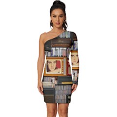 Vinyl Music Retro Studio Room Long Sleeve One Shoulder Mini Dress