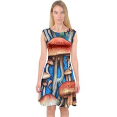 Whimsical Mushroom Capsleeve Midi Dress by GardenOfOphir