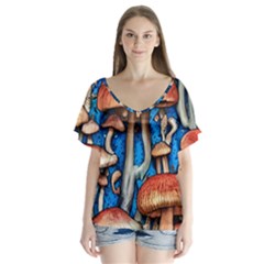 Whimsical Mushroom V-neck Flutter Sleeve Top by GardenOfOphir