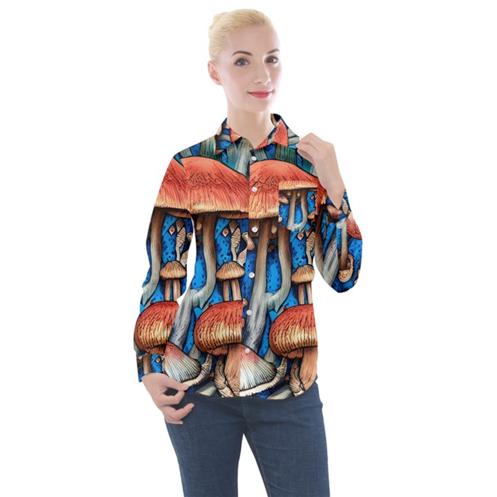 Whimsical Mushroom Women s Long Sleeve Pocket Shirt