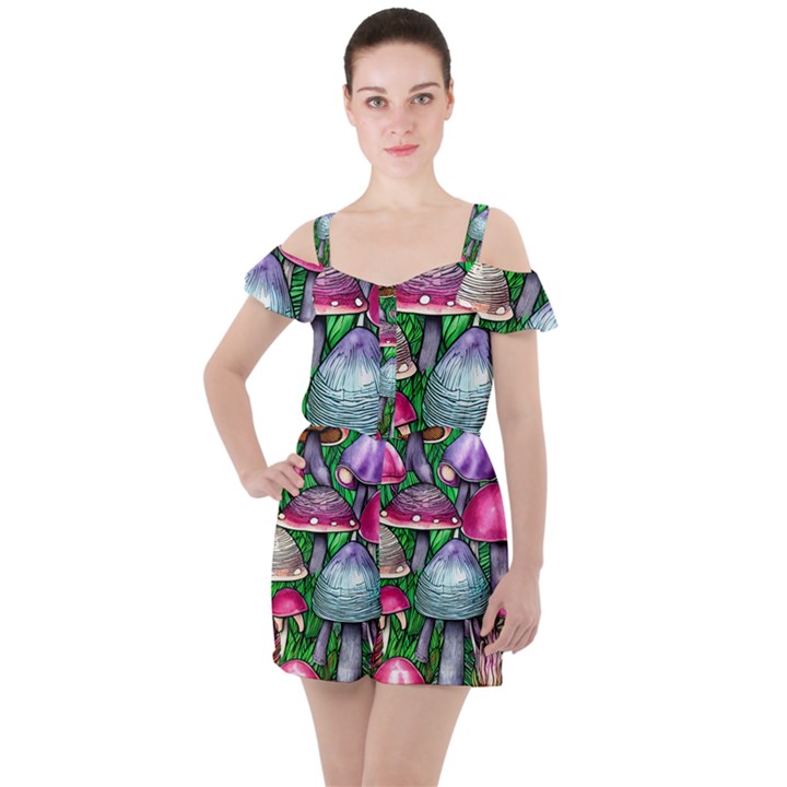 Fantasy Foraging Garden Ruffle Cut Out Chiffon Playsuit