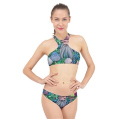 Mushroom Design Fairycore Forest High Neck Bikini Set by GardenOfOphir