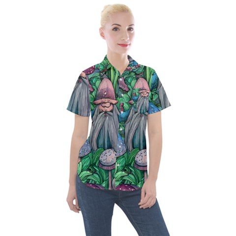 Mushroom Design Fairycore Forest Women s Short Sleeve Pocket Shirt by GardenOfOphir