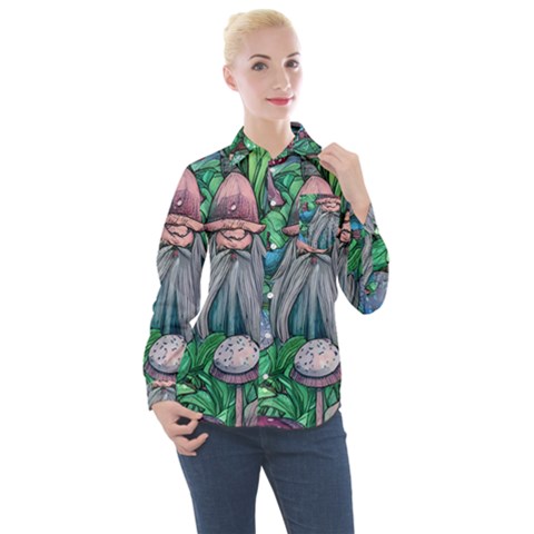 Mushroom Design Fairycore Forest Women s Long Sleeve Pocket Shirt by GardenOfOphir