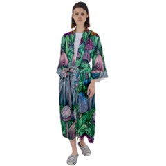 Mushroom Design Fairycore Forest Maxi Satin Kimono by GardenOfOphir