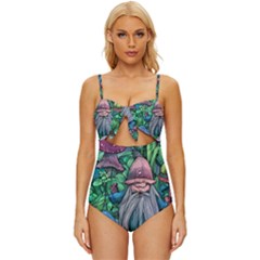 Mushroom Design Fairycore Forest Knot Front One-piece Swimsuit by GardenOfOphir