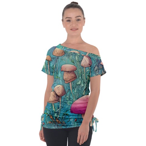 Natural Mushroom Design Fairycore Garden Off Shoulder Tie-up Tee by GardenOfOphir