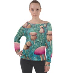 Natural Mushroom Design Fairycore Garden Off Shoulder Long Sleeve Velour Top by GardenOfOphir