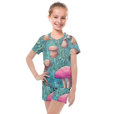 Natural Mushroom Design Fairycore Garden Kids  Mesh Tee And Shorts Set by GardenOfOphir