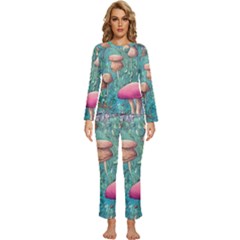 Natural Mushroom Design Fairycore Garden Womens  Long Sleeve Lightweight Pajamas Set by GardenOfOphir