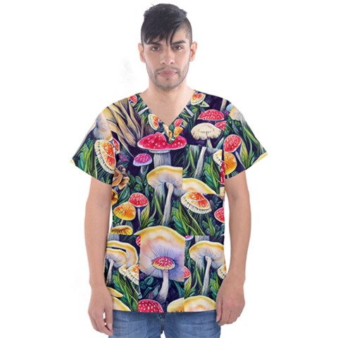 Woodsy Mushroom Design Foresty Men s V-neck Scrub Top by GardenOfOphir