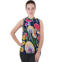 Woodsy Mushroom Design Foresty Mock Neck Chiffon Sleeveless Top by GardenOfOphir