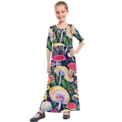 Woodsy Mushroom Design Foresty Kids  Quarter Sleeve Maxi Dress by GardenOfOphir