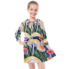 Woodsy Mushroom Design Foresty Kids  Quarter Sleeve Shirt Dress by GardenOfOphir