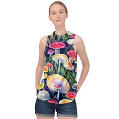 Woodsy Mushroom Design Foresty High Neck Satin Top by GardenOfOphir