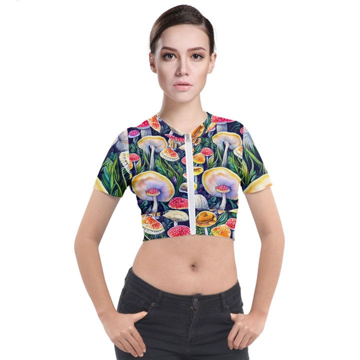 Woodsy Mushroom Design Foresty Short Sleeve Cropped Jacket