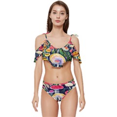 Woodsy Mushroom Design Foresty Ruffle Edge Tie Up Bikini Set	