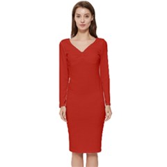 Chili Red	 - 	long Sleeve V-neck Bodycon Dress by ColorfulDresses