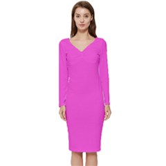 Pizzazz Pink	 - 	long Sleeve V-neck Bodycon Dress by ColorfulDresses