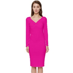 Magenta Pink	 - 	long Sleeve V-neck Bodycon Dress by ColorfulDresses