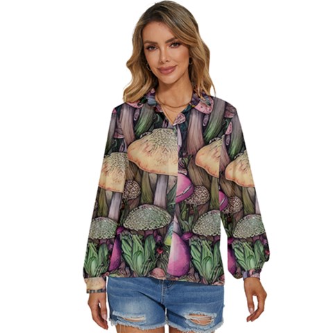 Mushroom Magic Women s Long Sleeve Button Down Shirt by GardenOfOphir