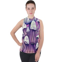 Forestcore Mushroom Mock Neck Chiffon Sleeveless Top by GardenOfOphir