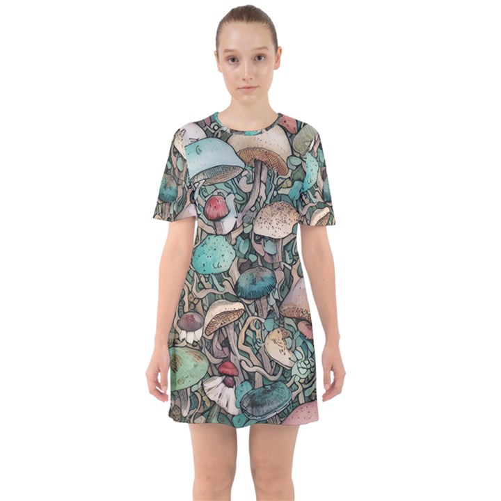 Tiny Forest Mushrooms Sixties Short Sleeve Mini Dress