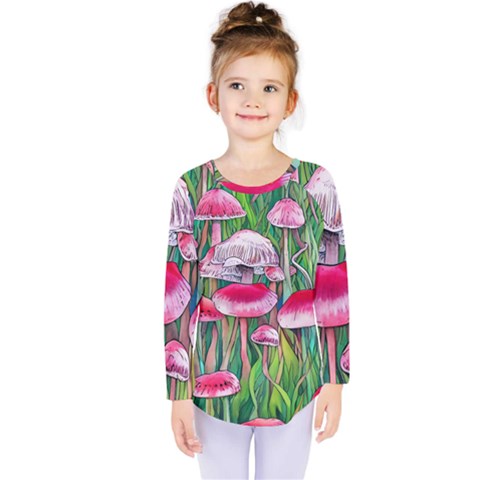 Forest Mushrooms Kids  Long Sleeve Tee by GardenOfOphir