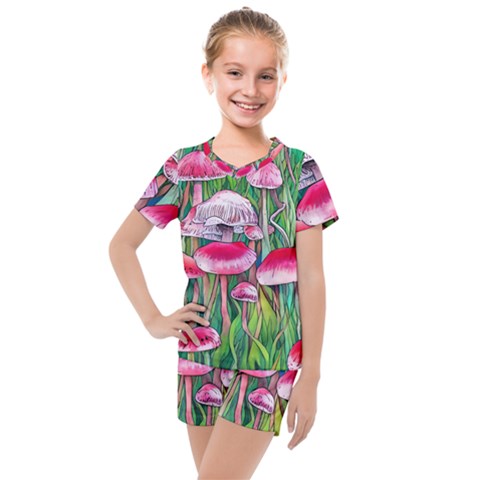 Forest Mushrooms Kids  Mesh Tee And Shorts Set by GardenOfOphir