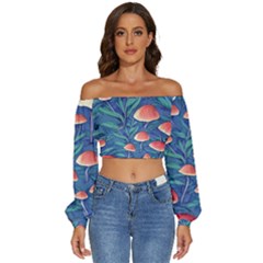 Witchy Mushrooms Long Sleeve Crinkled Weave Crop Top