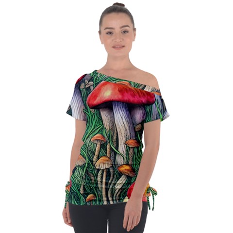 Forest Fairycore Mushroom Foraging Craft Off Shoulder Tie-up Tee by GardenOfOphir