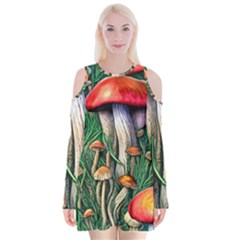 Forest Fairycore Mushroom Foraging Craft Velvet Long Sleeve Shoulder Cutout Dress by GardenOfOphir