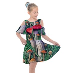 Forest Fairycore Mushroom Foraging Craft Kids  Shoulder Cutout Chiffon Dress by GardenOfOphir