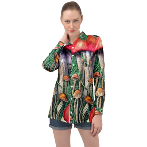 Forest Fairycore Mushroom Foraging Craft Long Sleeve Satin Shirt by GardenOfOphir