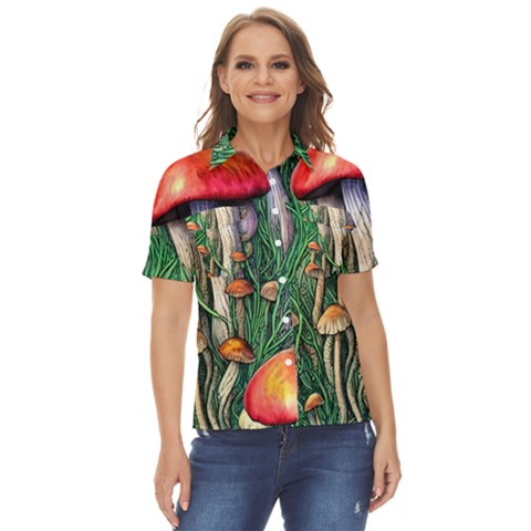 Forest Fairycore Mushroom Foraging Craft Women s Short Sleeve Double Pocket Shirt by GardenOfOphir